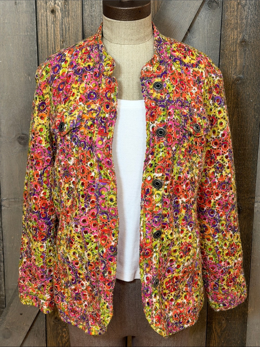 Chico’s Floral Embroidered Eyelet Cotton Jacket Boho Art to Wear Size 2 Large